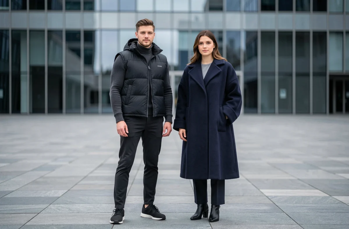 Deux personnes côte à côte en tenues techno pouffe contrastées avec gilet gonflant et manteau cocon, dans un espace urbain minimaliste