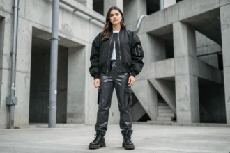 Femme portant un look techno pouffe avec bomber oversize et cargo pants vinyle dans un décor urbain brutaliste