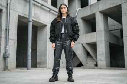 Femme portant un look techno pouffe avec bomber oversize et cargo pants vinyle dans un décor urbain brutaliste