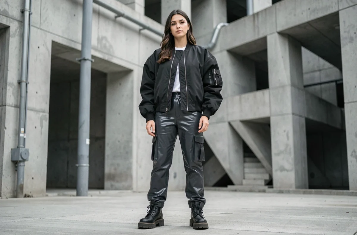 Femme portant un look techno pouffe avec bomber oversize et cargo pants vinyle dans un décor urbain brutaliste