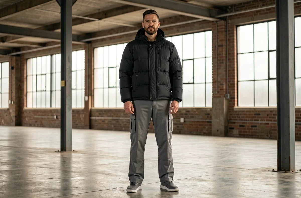 Homme en veste puffer matelassée volumineuse et pantalon large technique pour un style techno pouffe assumé en intérieur industriel