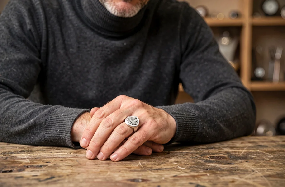 Main d'homme portant une chevalière en or blanc gravée d'un blason familial, posée sur une table en chêne