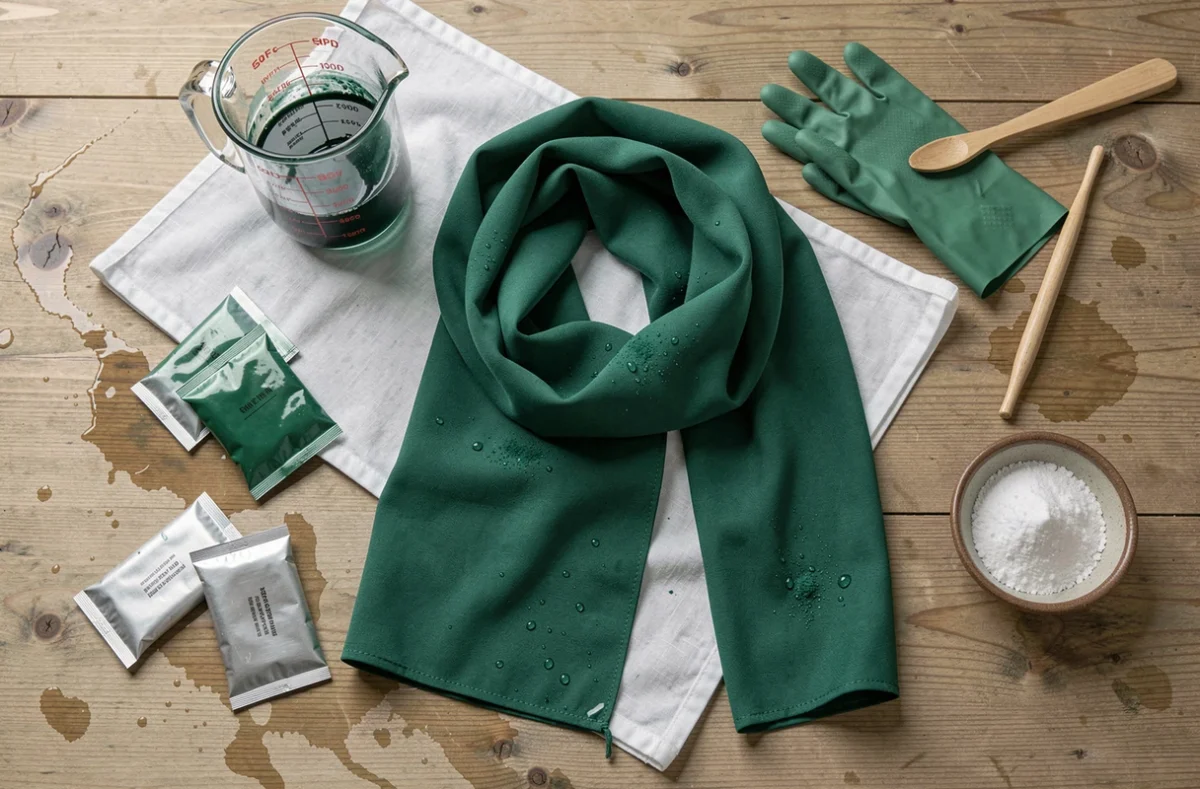 Vue de dessus des outils et résultats de teinture polyester maison avec une écharpe verte et de la teinture en poudre