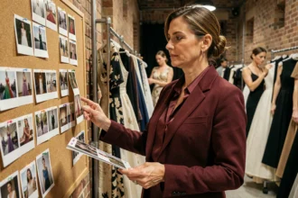 Photographe de défilés de mode examinant des planches contact en backstage lors d'une semaine de la mode