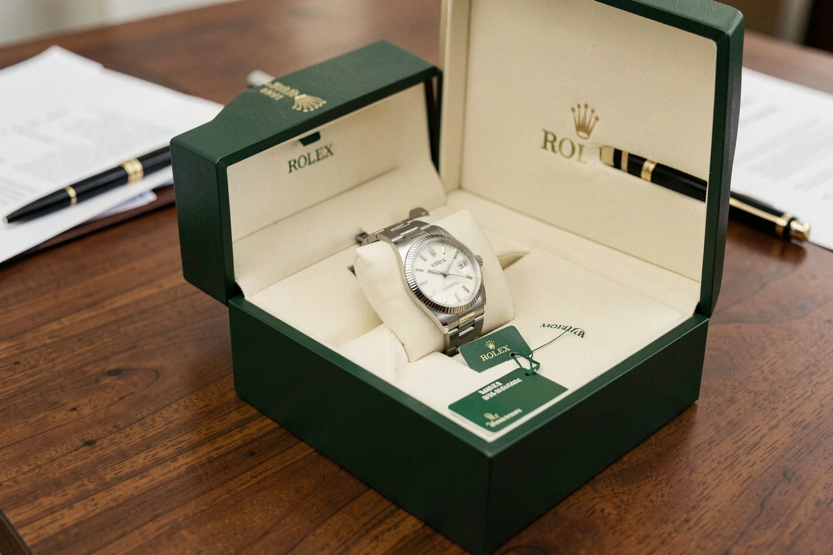 Rolex Datejust 36 dans son écrin vert officiel avec livret de garantie sur un bureau en bois de noyer