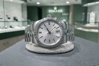 Rolex Datejust 36 en acier inoxydable posée sur un coussin velours gris dans une boutique Rolex agréée, vue de dessus en macro