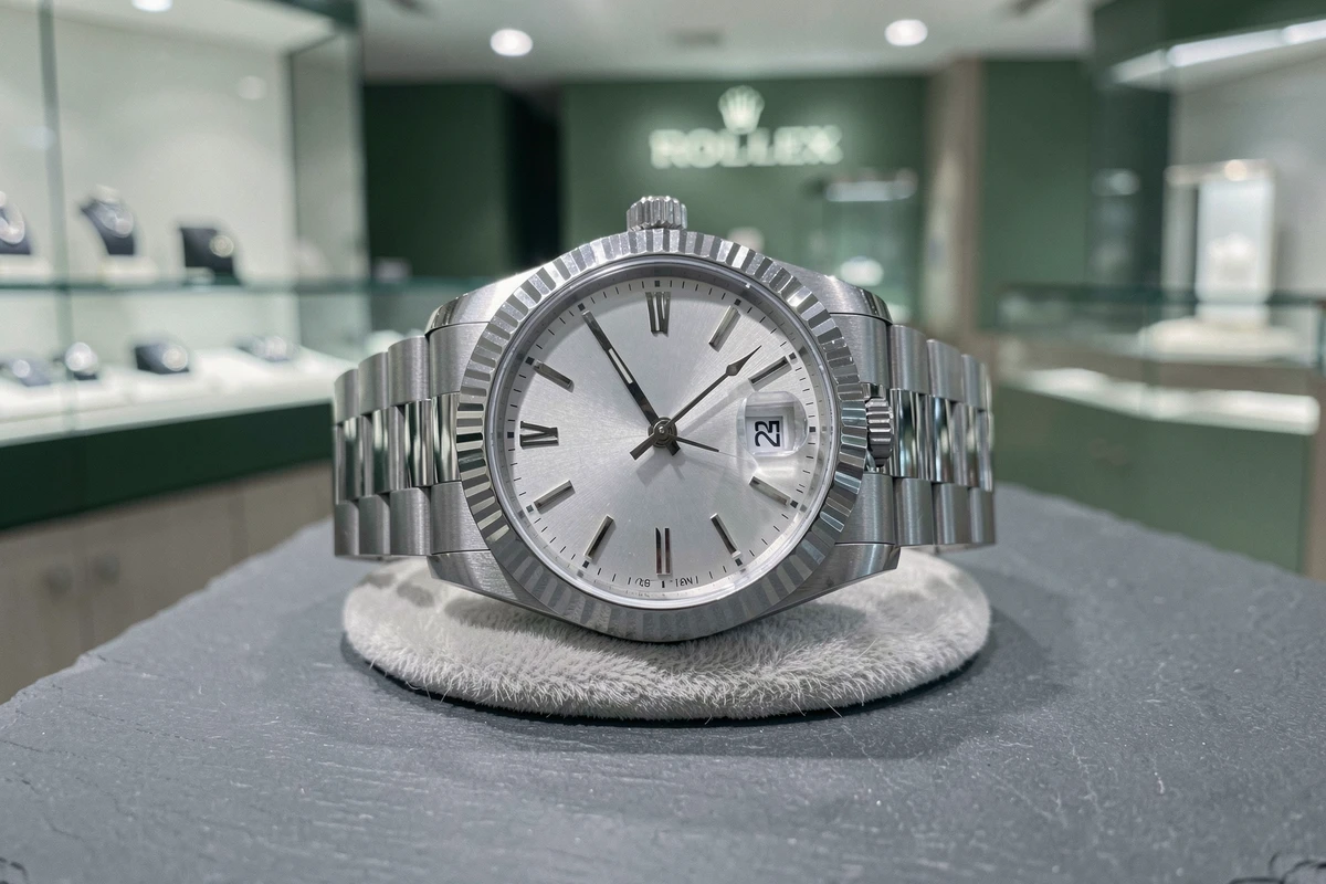 Rolex Datejust 36 en acier inoxydable posée sur un coussin velours gris dans une boutique Rolex agréée, vue de dessus en macro