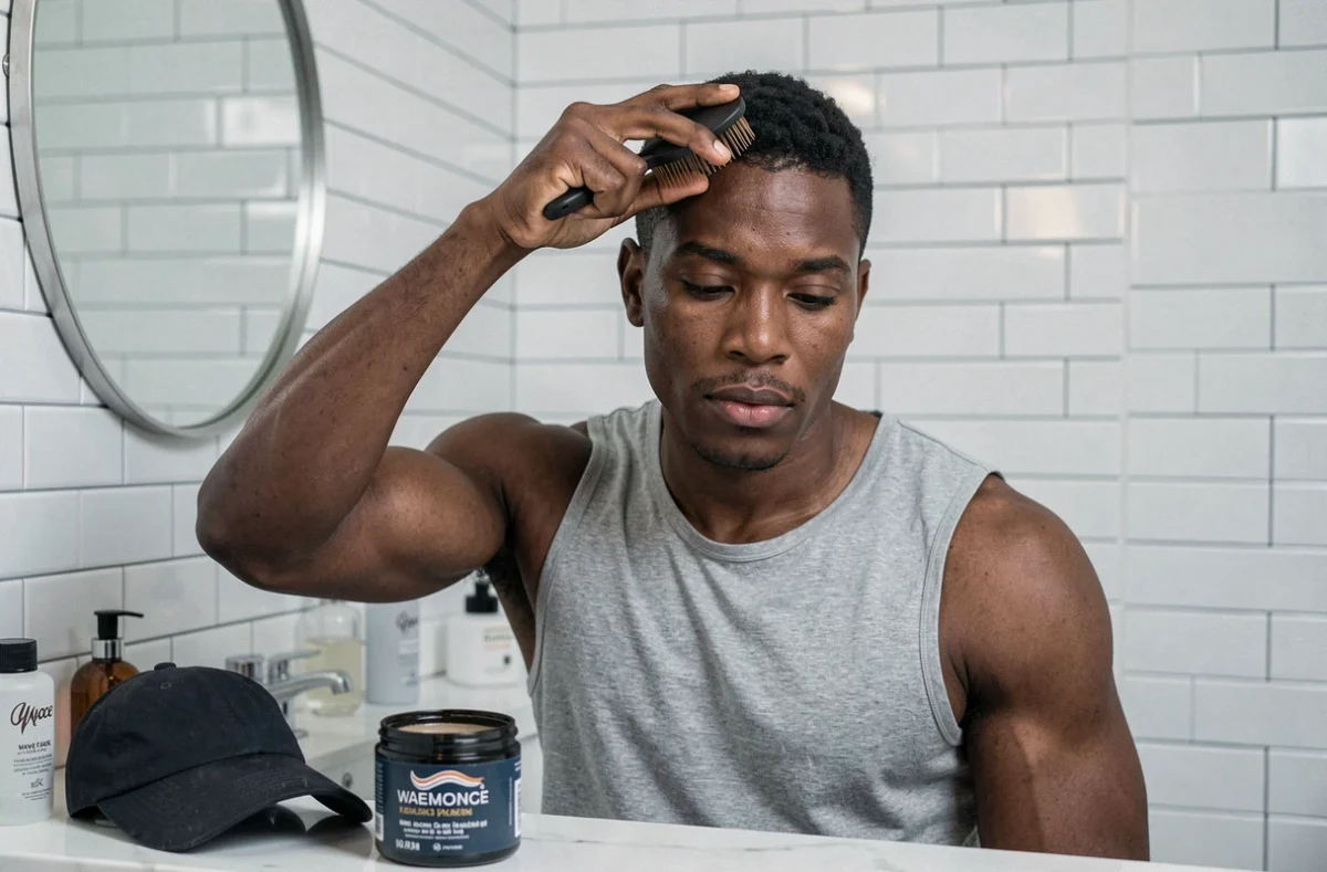Homme brossant ses cheveux en vagues 360 devant le miroir de sa salle de bain avec du pomade et un wave cap