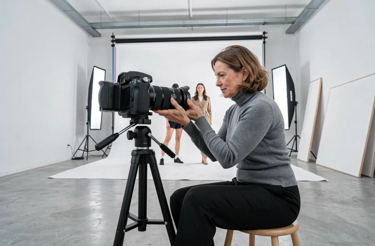 Séance photo en studio avec une photographe professionnelle réglant son appareil sur trépied devant un fond blanc