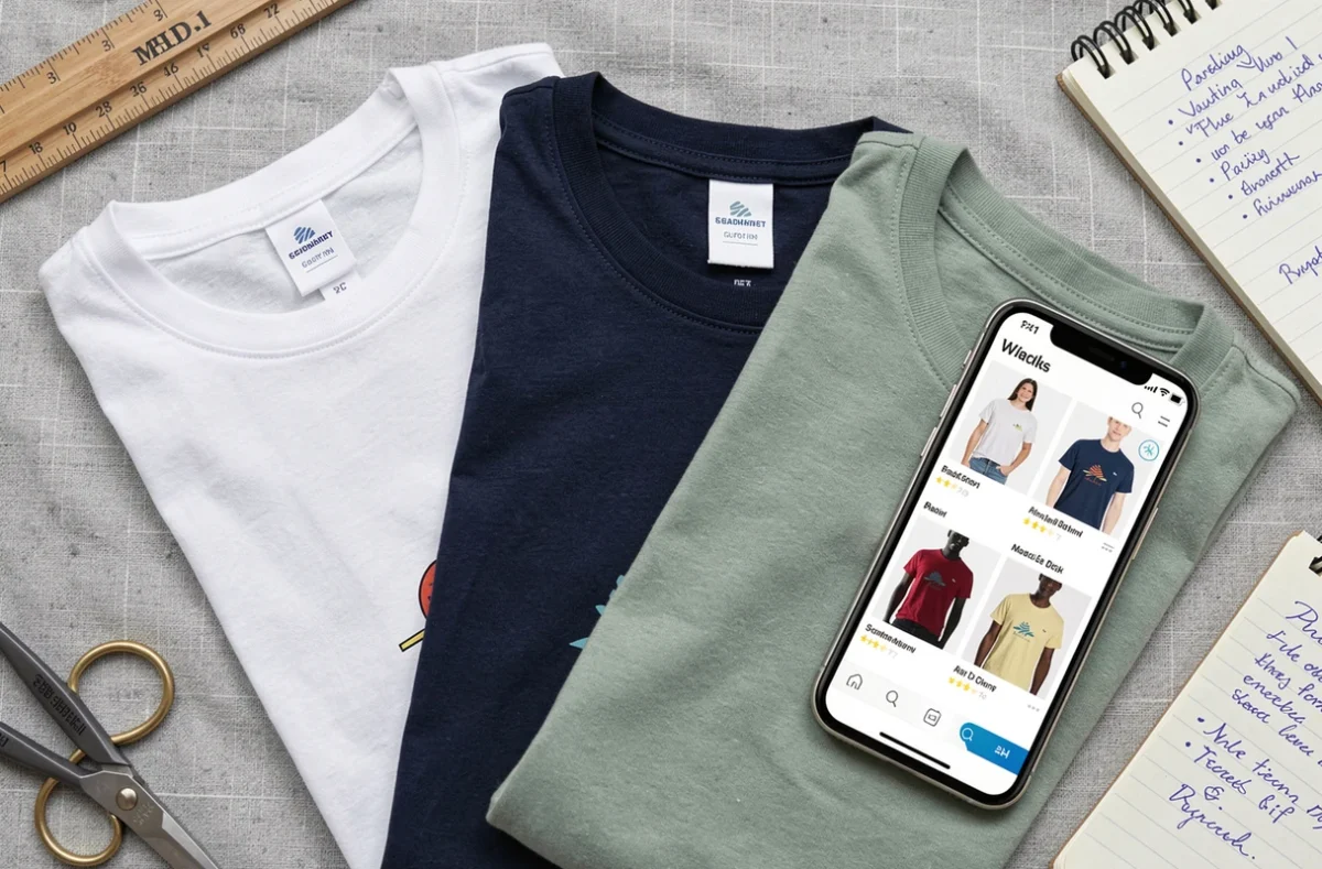 Vue à plat de trois t-shirts de qualité en différentes couleurs avec un smartphone affichant une boutique en ligne de vêtements