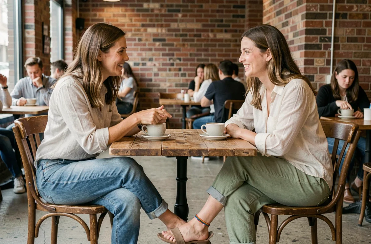 Deux femmes discutant de la signification d'un bracelet de cheville en fil coloré dans un café, représentant les erreurs d'interprétation courantes