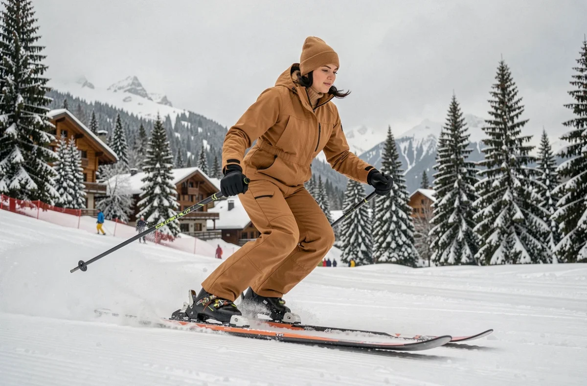 Skieuse en combinaison de ski luxueuse sur une piste damée dans une station alpine enneigée