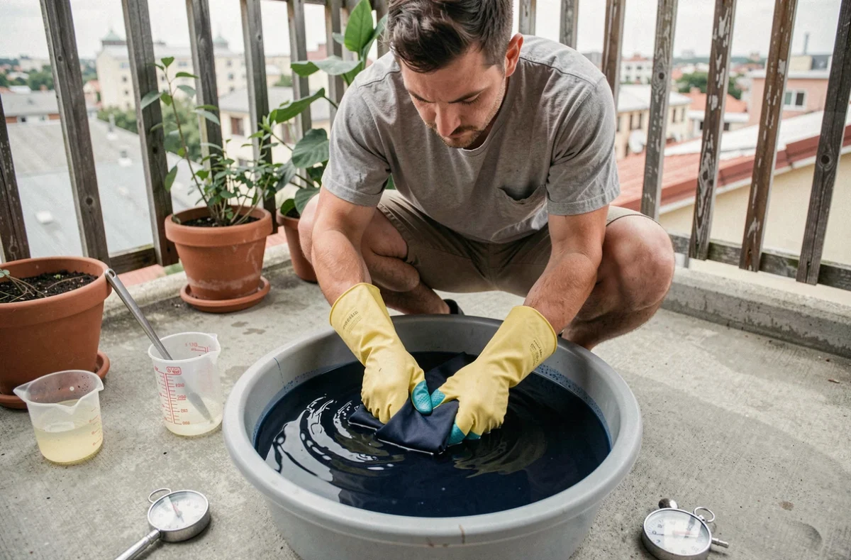 Homme teignant du polyester en bleu marine dans un bac plastique sur un balcon avec des gants en caoutchouc