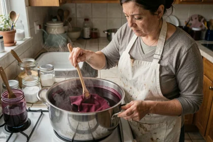 Femme teignant du tissu polyester dans une casserole sur la cuisinière avec de la teinture bordeaux