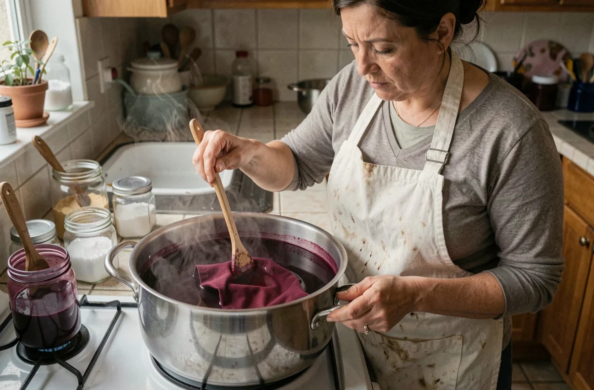 Femme teignant du tissu polyester dans une casserole sur la cuisinière avec de la teinture bordeaux
