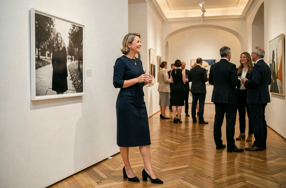 Vernissage d'exposition photographique avec une femme élégante devant des tirages de défilés de mode encadrés