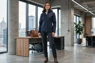 Femme portant une veste de ski haut de gamme dans un bureau moderne à la décoration urbaine et contemporaine