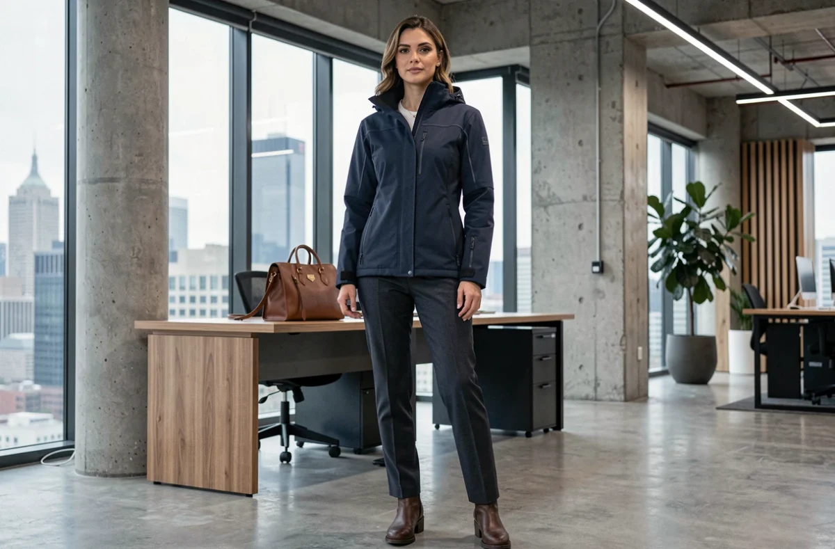 Femme portant une veste de ski haut de gamme dans un bureau moderne à la décoration urbaine et contemporaine