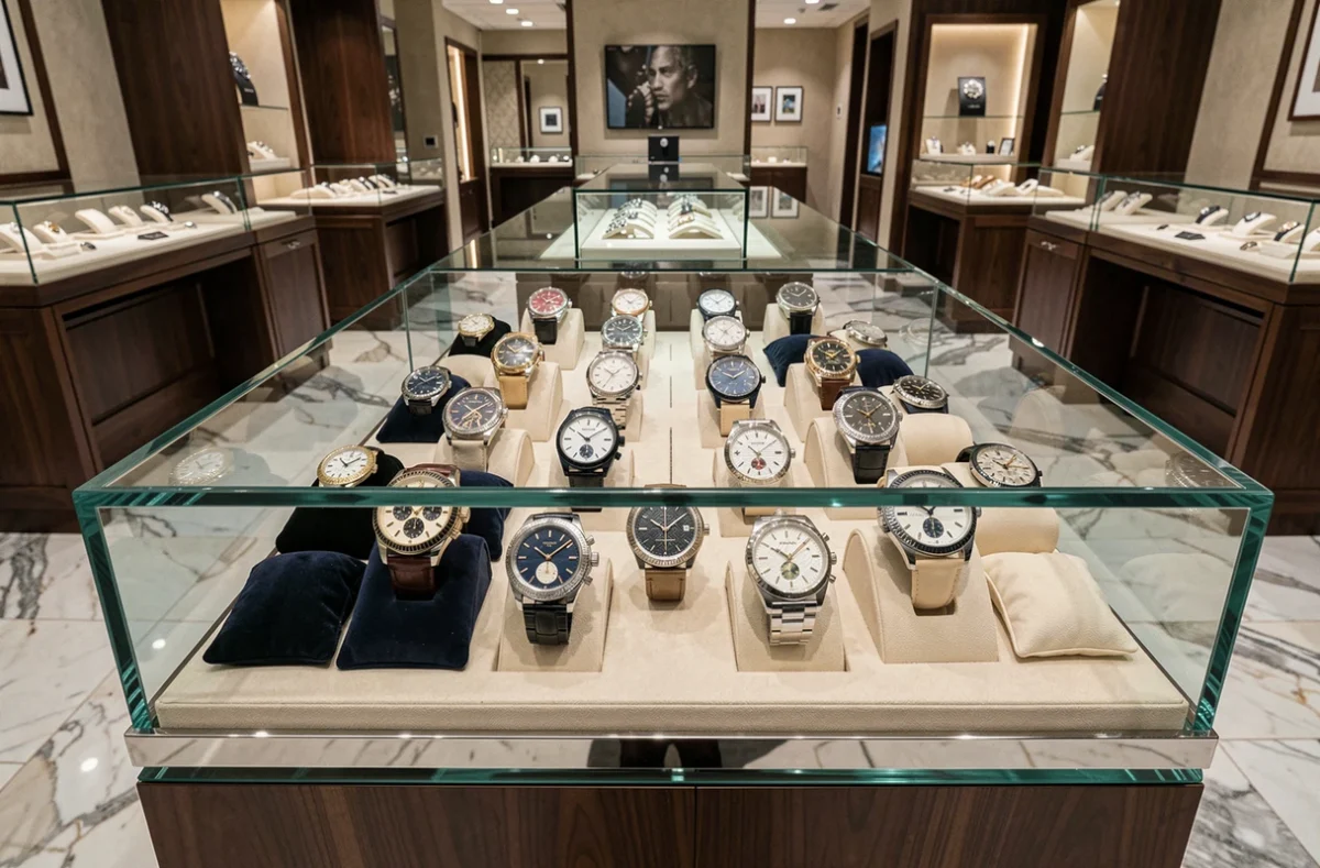Vitrine d'une boutique horlogère de luxe présentant une collection de montres mécaniques haut de gamme