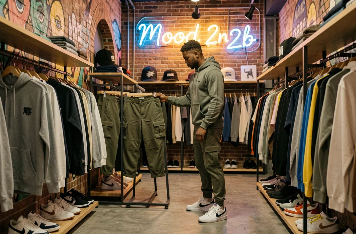 Intérieur de la boutique Mood 2n2b avec son vendeur et sa sélection de streetwear premium sur des étagères minimalistes