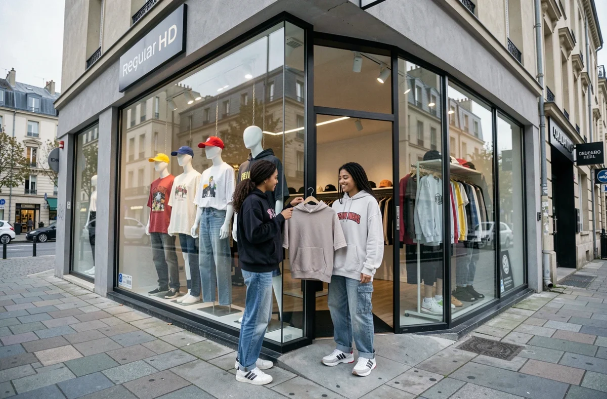 Devanture de la boutique Regular en Seine-Saint-Denis avec deux jeunes femmes examinant des pièces de la collection streetwear