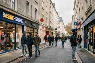 Vue d'ensemble d'une rue commerçante streetwear en Seine-Saint-Denis avec des jeunes shoppers devant des vitrines de mode urbaine