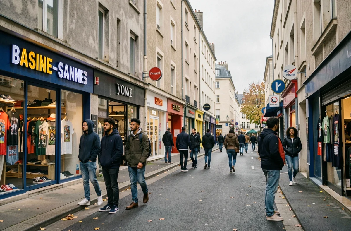Vue d'ensemble d'une rue commerçante streetwear en Seine-Saint-Denis avec des jeunes shoppers devant des vitrines de mode urbaine