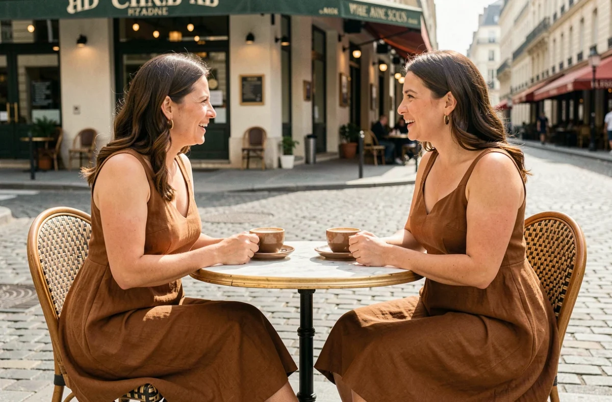 Deux femmes aux morphologies différentes portant des robes trapèze en tons terre dans un café parisien en terrasse, comparant l'effet flatteur de cette coupe sur diverses silhouettes