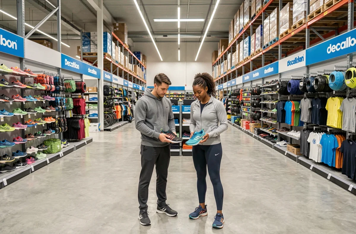 Rayon chaussures du Decathlon Domus de Rosny-sous-Bois avec un couple comparant des modèles de chaussures de trail dans un vaste espace commercial