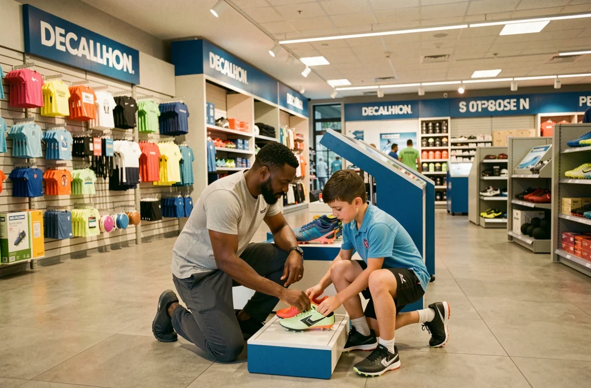 Père et fils choisissant des chaussures de football au Decathlon O'Parinor, agenouillés devant un présentoir dans un grand espace sportif bien organisé