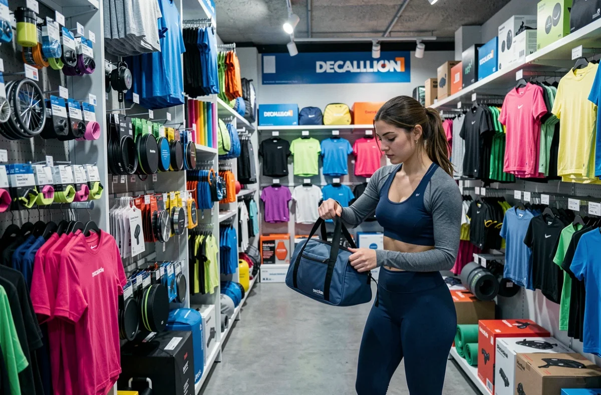 Intérieur du Decathlon Paris Porte de Montreuil avec une cliente examinant un sac de sport dans un magasin urbain compact et bien organisé