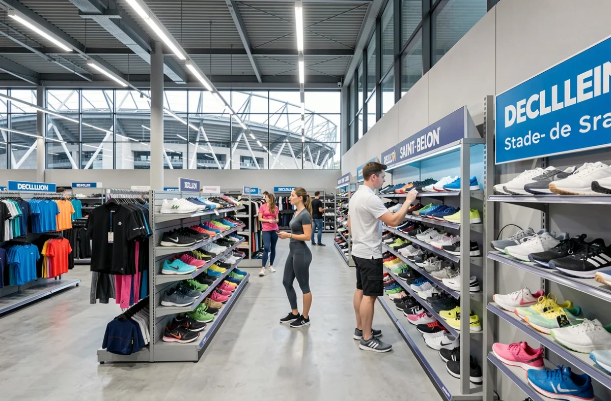 Intérieur du Decathlon Saint-Denis Stade de France avec des clients parcourant les rayons de vêtements de sport et de chaussures