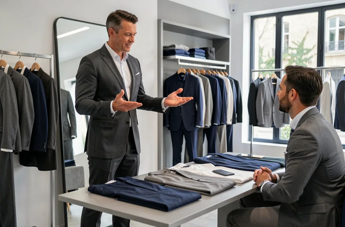 Conseiller mode masculine chez DLG Fashion présentant des costumes dans le Nord