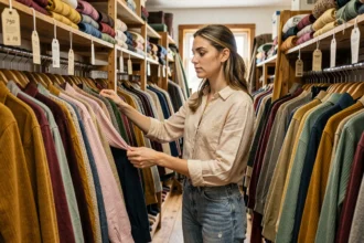 Jeune femme qui fouille des vêtements de seconde main dans une friperie vintage colorée