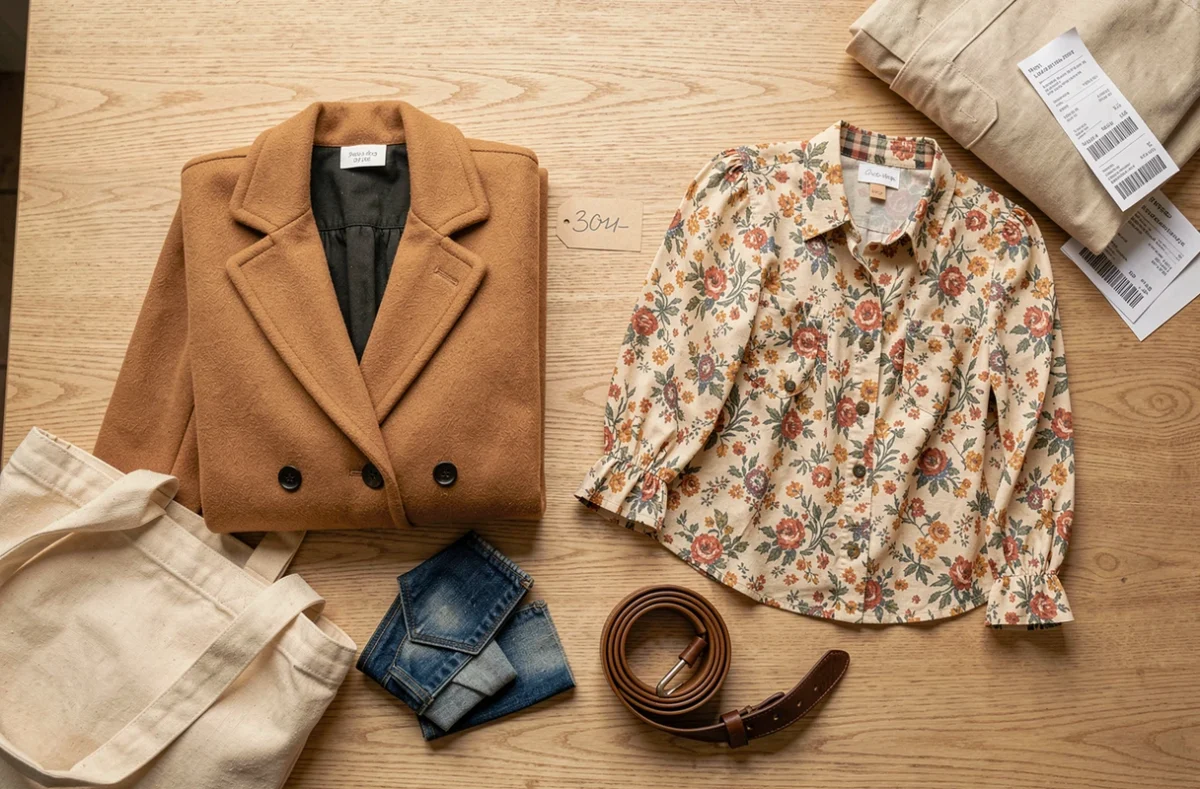 Flat lay de vêtements chinés en friperie disposés sur une table en bois, style seconde main
