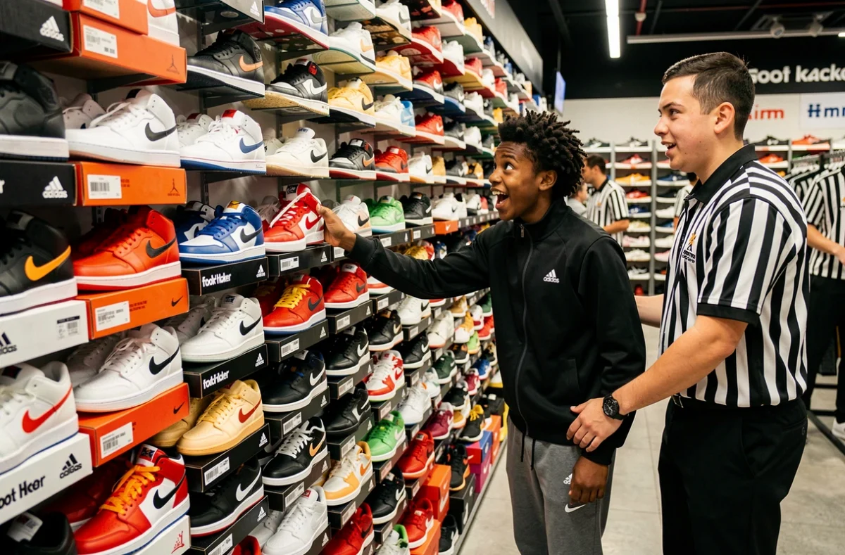 Intérieur du Foot Locker de Saint-Denis avec un jeune client enthousiaste devant le mur de sneakers Nike et Jordan assisté par un employé en uniforme