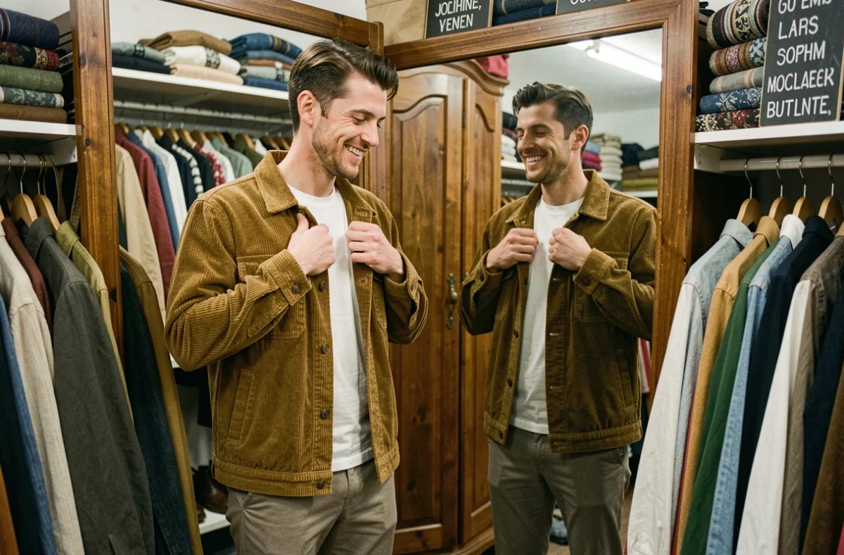 Homme essayant une veste vintage en velours côtelé dans un miroir de friperie seconde main