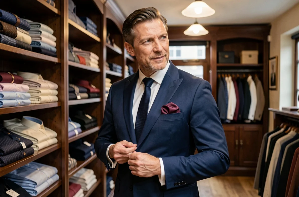 Homme en costume classique de cérémonie dans la boutique Jouvion dans le Nord
