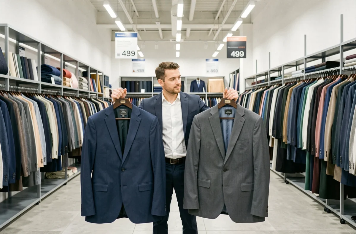 Homme comparant des costumes en grande distribution textile dans un magasin Jules