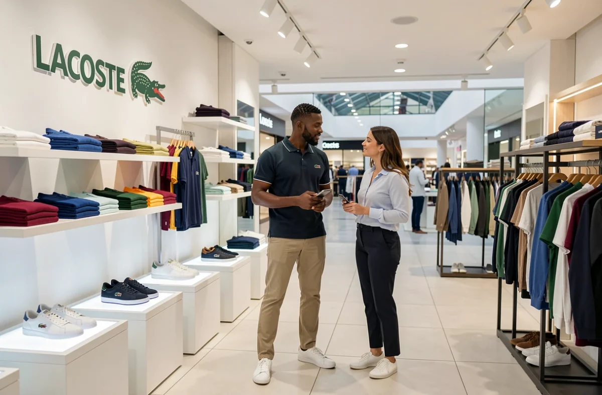 Boutique Lacoste du centre commercial Le Millénaire à Aubervilliers avec un client et une vendeuse au milieu des collections de polos et sneakers