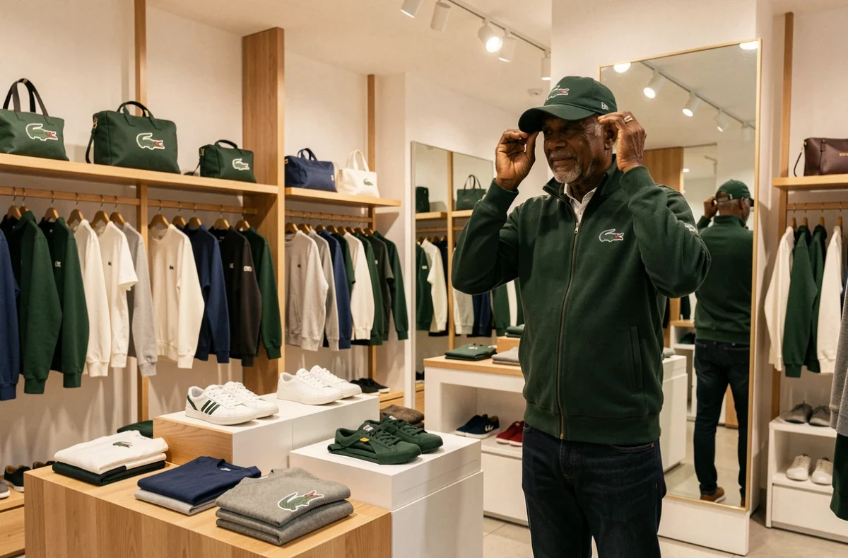 Boutique Lacoste des Arcades de Noisy-le-Grand avec un client essayant une casquette devant un miroir dans un espace de vente soigné