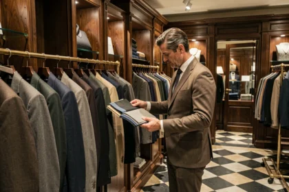 Homme élégant en train de choisir un costume dans une boutique de vêtements masculins des Hauts-de-France