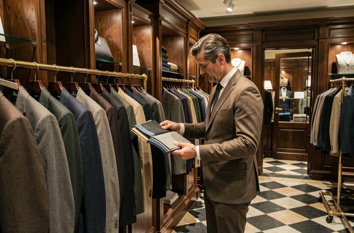 Homme élégant en train de choisir un costume dans une boutique de vêtements masculins des Hauts-de-France