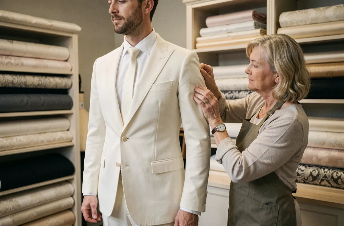 Essayage d'un costume de mariage sur mesure dans l'atelier Olivier Sinic à Lille