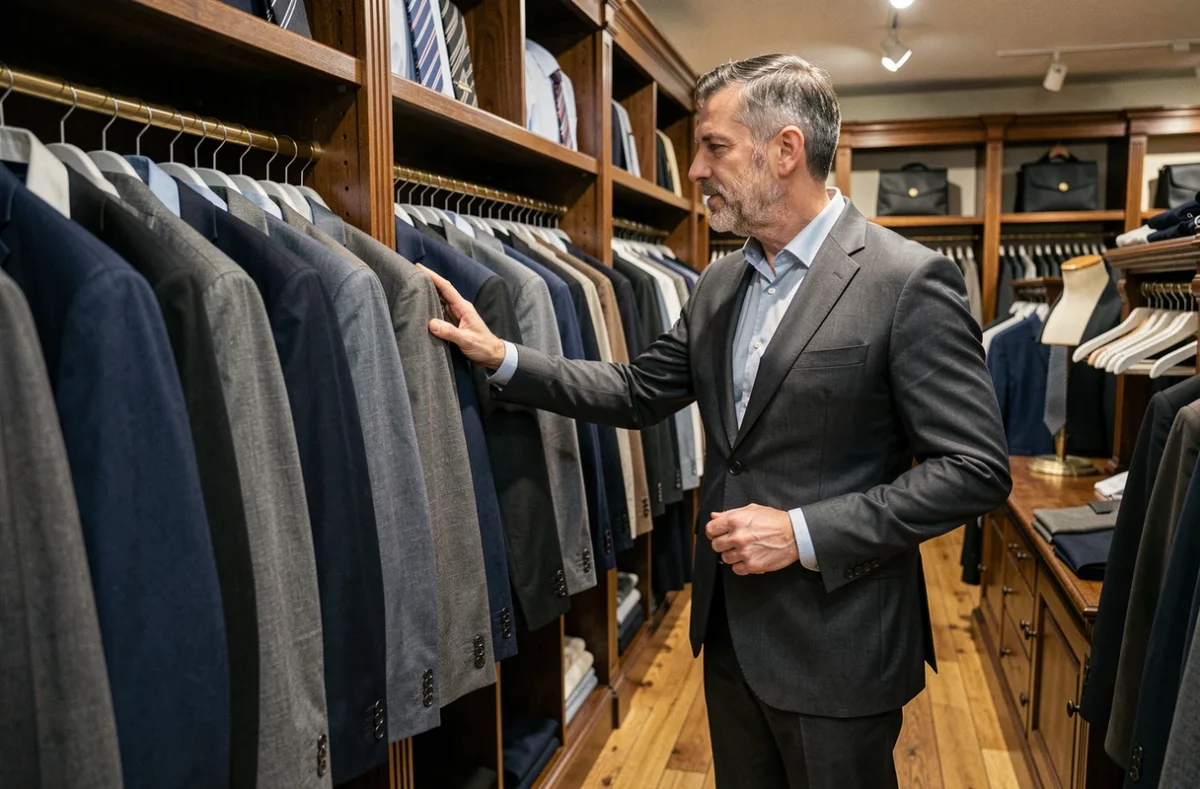Homme parcourant le rayon costumes du magasin Peinturier en prêt-à-porter masculin