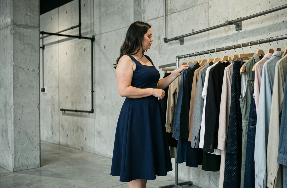 Femme ronde portant une robe mi-longue coupe trapèze bleu marine dans un concept store minimaliste, démontrant comment ce style valorise les courbes