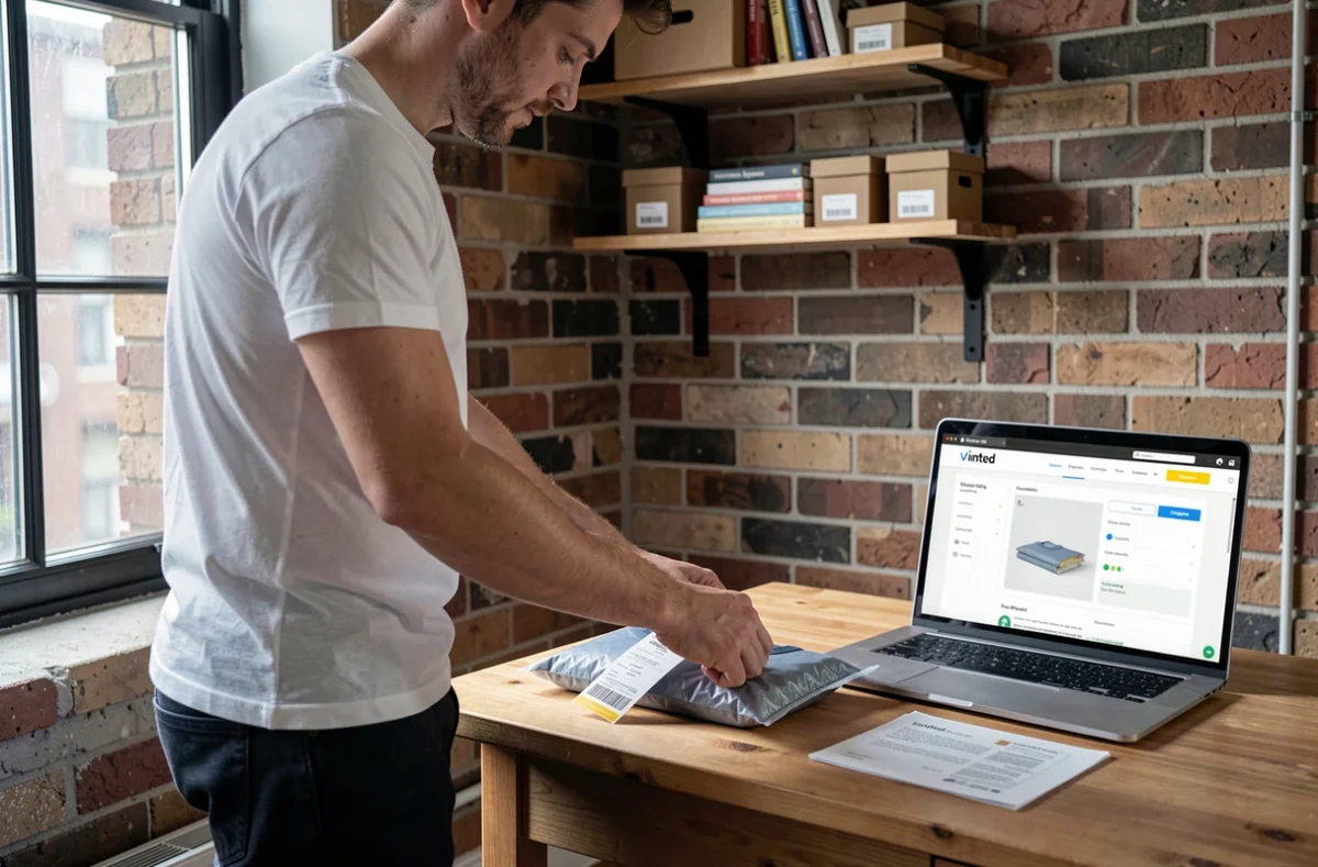 Homme préparant un petit colis Vinted avec étiquette d'expédition gratuite sur son bureau à domicile