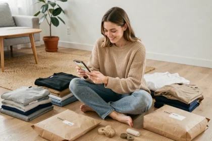 Jeune femme vendant des vêtements sur Vinted avec frais de port gratuits, entourée de colis et d'articles pliés sur le sol