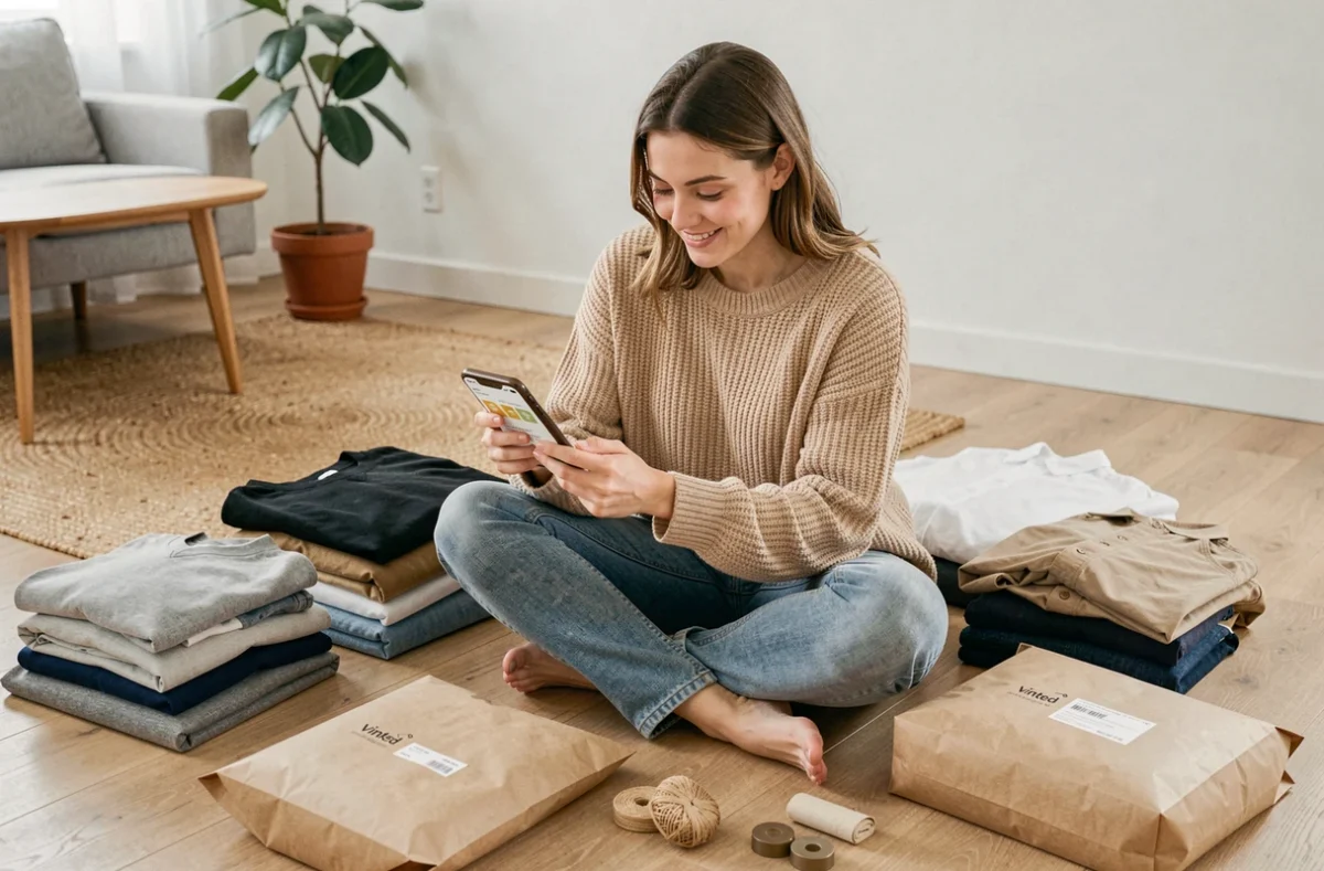 Jeune femme vendant des vêtements sur Vinted avec frais de port gratuits, entourée de colis et d'articles pliés sur le sol