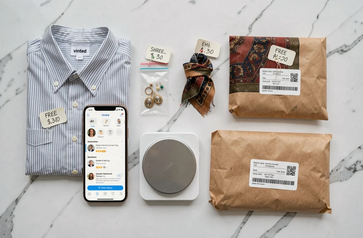 Vue de dessus de petits articles Vinted prêts à être expédiés gratuitement avec étiquettes et enveloppes sur une table blanche